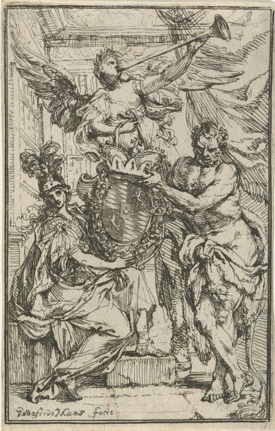 Minerva, Ercole e Fama con scudo araldico da Godfried Maes