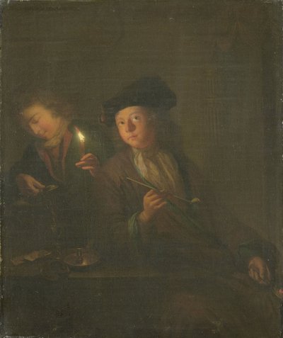 Il fumatore (Un uomo con una pipa e un uomo che versa una bevanda in un bicchiere) da Godfried Schalcken (attributed to)