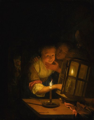 Una coppia amorosa sorpresa ad accendere una lanterna da Godfried Schalcken