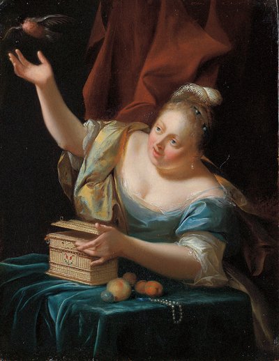 Una donna, seduta a un tavolo in costume di fantasia, libera un uccellino dalla sua gabbia da Godfried Schalcken