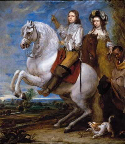 Ritratto equestre di una coppia elegante con il suo servitore blackmoor da Gonzales Coques