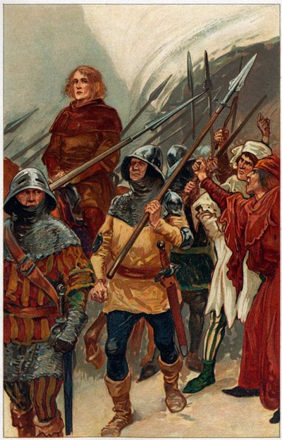 Circondato da uomini armati, Wallace fu portato alla Westminster Hall per essere processato come traditore, illustrazione da Heroes & Heroines of English History di Alice S. Hoffman (litografia a colori) da Gordon Frederick (after) Browne