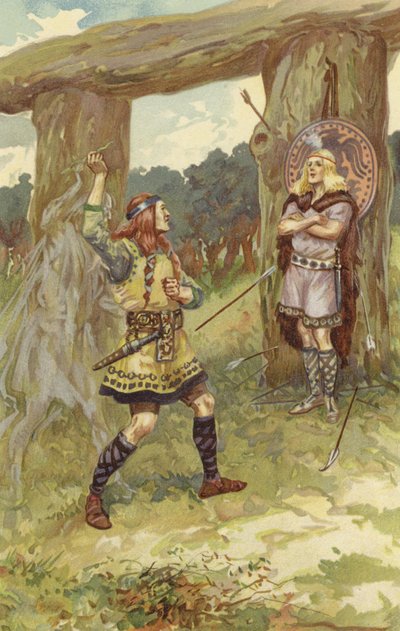 Hodur prese il vischio da Loki, e Loki guidò il suo braccio, e lo scagliò contro Baldur, e con un grido acuto Baldur cadde morto da Gordon Frederick Browne