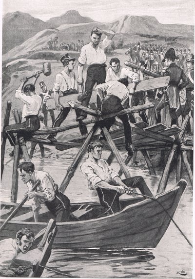 La costruzione del ponte sul Guadiana, 3 aprile 1811, illustrazione da 