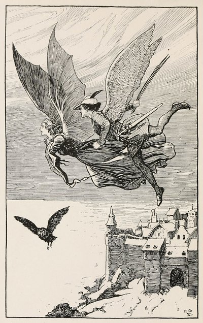 Il compagno di viaggio volò dietro di lei, da Fiabe di Hans Anderson, pub. 1919 (incisione) da Gordon Frederick Browne