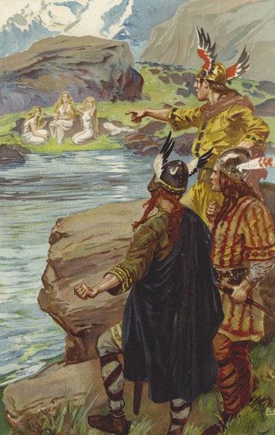 Videro sul margine del lago, tre fanciulle sedute a filare lino da Gordon Frederick Browne
