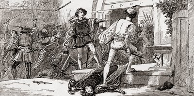 Tebaldo ucciso da Romeo, scena dal Romeo e Giulietta di William Shakespeare, Atto III, Scena 1, da Le Opere di William Shakespeare, pubblicato nel 1896 da Gordon Frederick Browne