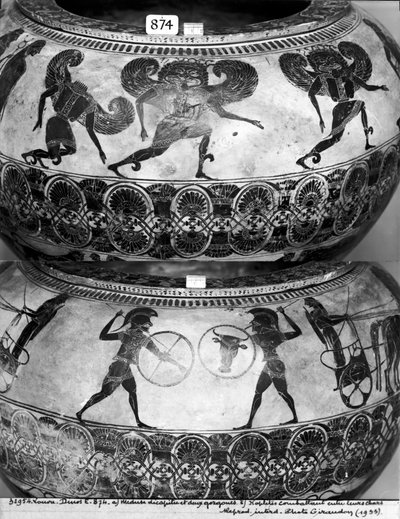 Dinos raffigurante (in alto) Medusa decapitata (in basso) e opliti che combattono, c.580 a.C. da Gorgon Painter