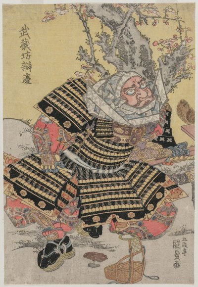 Musashibo Benkei in ginocchio vicino a un albero di prugne, c. metà o fine 1810 da Gototei Kunisada