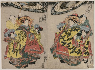 Le Cortigiane Hanamurasaki e Koshikibu del Tamaya che Passeggiano sotto la Pioggia, c. primi anni 1830 da Gototei Kunisada