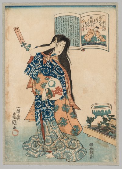 Donna con un ventaglio nella mano sinistra che si pettina, 1786-1864 da Gototei Kunisada