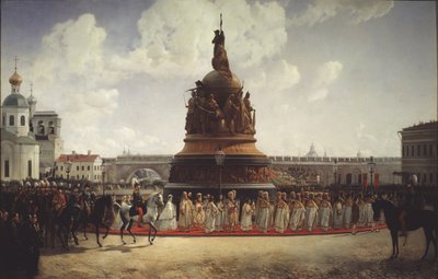 La consacrazione del monumento al Millennio della Russia a Novgorod nel 1862, 1864 da Gottfried Willewalde
