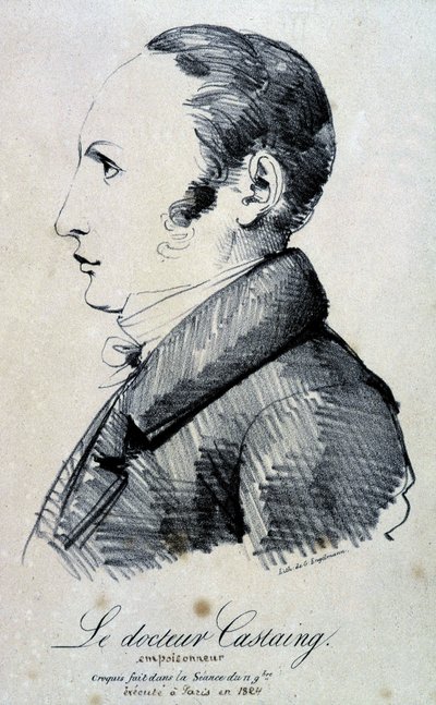 Ritratto del dottor Castaing, avvelenatore. Usò il sale di morfina, cloridrato per uccidere il suo amico Hippolyte Ballet nel 1823. Fu giustiziato a Parigi nel 1824. Litografia di Engelmann da uno schizzo fatto nella sessione dell