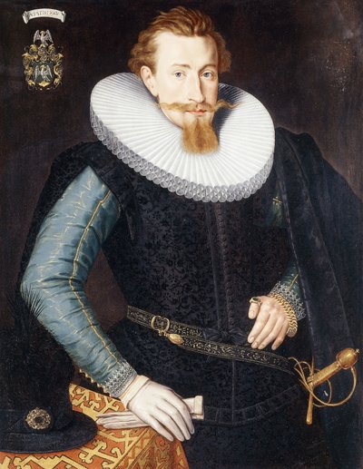 Ritratto di un gentiluomo, di venticinque anni, a tre quarti, in un doppietto nero con maniche turchesi e dorate e un colletto bianco, accanto a un tavolo drappeggiato da Gotthardt von Wedig