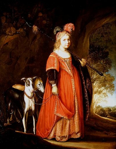 Ritratto di una giovane ragazza come Diana, in una radura con due levrieri da Govaert Flinck