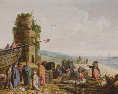 Pescatori sulla spiaggia con il loro pescato da Govaert Jansz