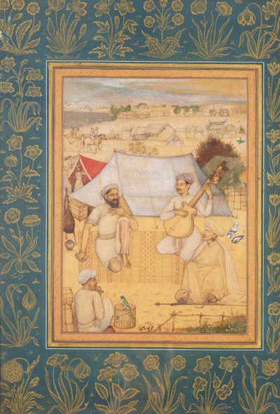 Musicisti e Cantanti Si Inginocchiano ai Margini di un Campo Mughal. Un Yogi e un Servitore Li Ascoltano, dal Minto Album, c.1630 da Govardhan