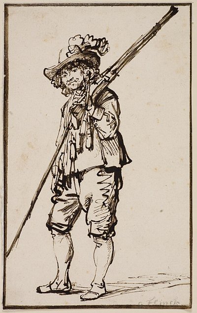 Un soldato in piedi con un moschetto sulla spalla da Govert Flinck
