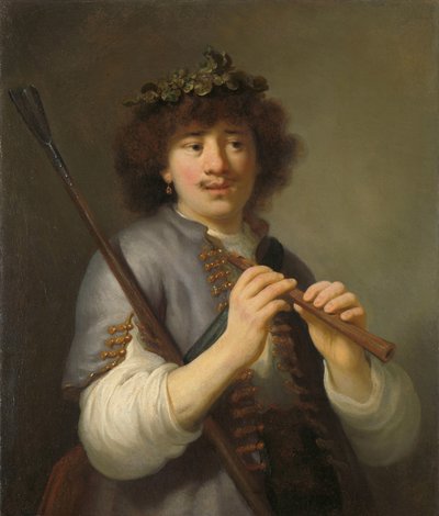 Rembrandt come pastore con bastone e flauto da Govert Flinck