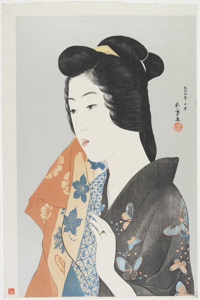 Donna che tiene un asciugamano, ottobre 1920 da Goyo Hashiguchi