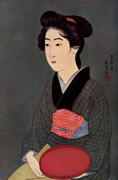 Una cameriera giapponese con un vassoio da Goyo Hashiguchi