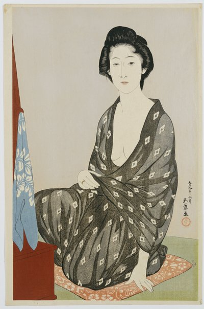 Una bellezza in un kimono nero con motivi hanabishi bianchi, seduta davanti a uno specchio, 1920 da Goyo Hashiguchi