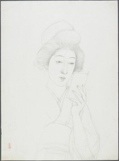 Disegno di una Donna che Tiene uno Specchio da Goyo Hashiguchi