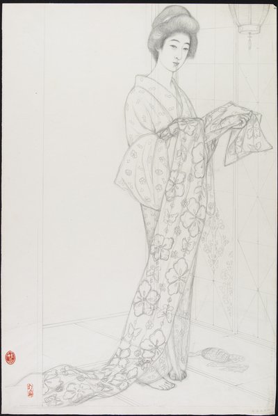 Disegno preparatorio per Donna in biancheria intima kimono da Goyo Hashiguchi