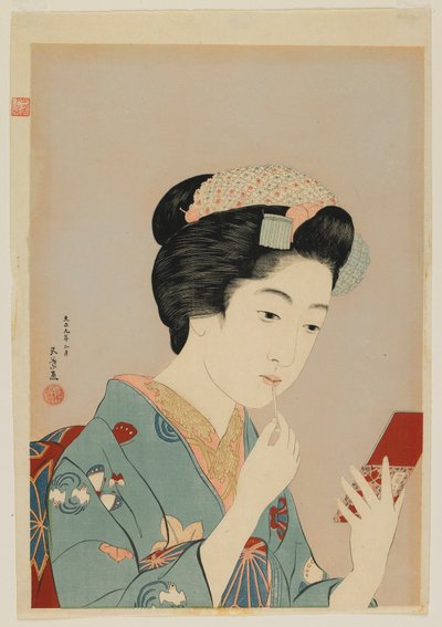 Donna che applica il rossetto, era Taisho, febbraio 1920 (stampa xilografica a colori) da Goyo Hashiguchi