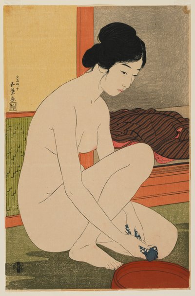 Donna che si Bagna, era Taisho, ottobre 1915 (stampa a blocchi di legno a colori) da Goyo Hashiguchi