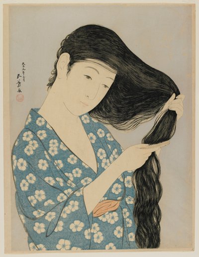 Donna che si pettina i capelli, era Taisho, marzo 1920 (stampa a blocchi di legno a colori) da Goyo Hashiguchi