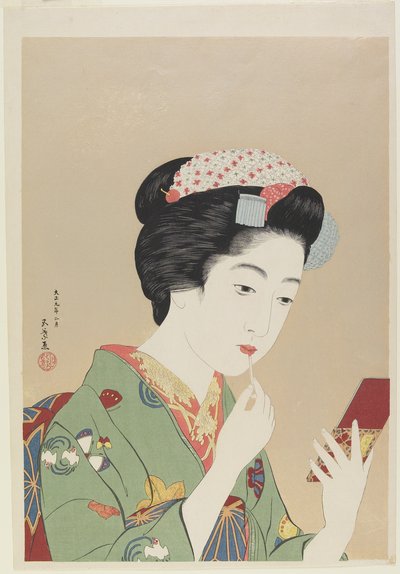 Donna che tiene un pennello per labbra, febbraio 1919 da Goyo Hashiguchi