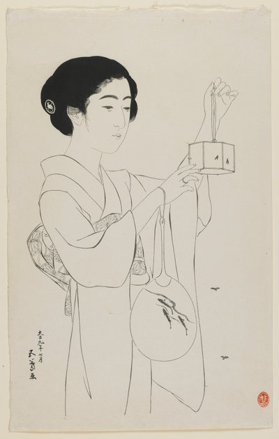 Donna che tiene una gabbia per lucciole, era Taisho, luglio 1920 da Goyo Hashiguchi