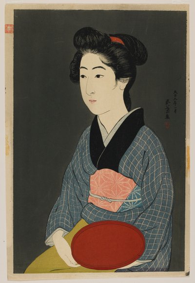 Donna che tiene un vassoio, era Taisho, gennaio 1920 (stampa a blocchi di legno a colori) da Goyo Hashiguchi