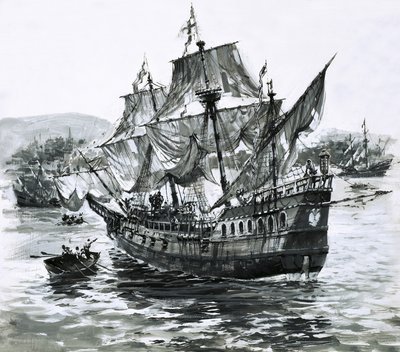 La nave di Drake, la Golden Hind, torna zoppicando a Portsmouth con immense ricchezze. da Graham Coton