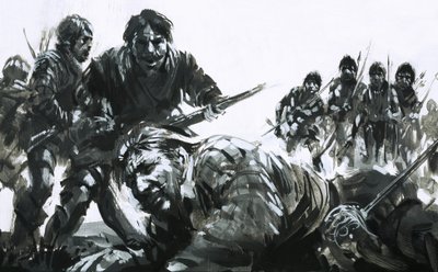 Il gruppo di Sir Francis Drake fu costretto dalla gente del posto a tornare alla propria nave dopo la morte di un marinaio. da Graham Coton