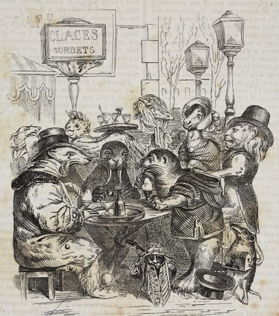 Bestie sedute in una gelateria, litografia di Giovanni Mariani dopo una caricatura di Jean-Jacques Grandville da Poliorama Pittoresco, n. 24, 21 gennaio da Grandville