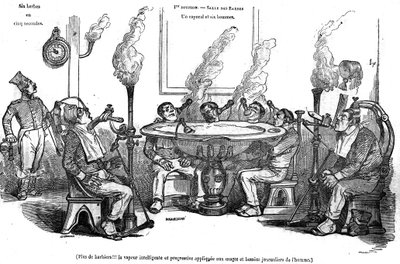 Cartone animato di Grandville che raffigura un caporale e i suoi uomini nella Salle des Barbes seduti con una macchina a vapore che li rade senza l