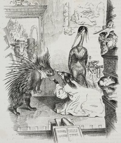 Cane e porcospino, caricatura di Jean-Jacques Grandville (1803-1847), litografia di Giovanni Mariani da Poliorama Pittoresco, n. 38, 30 aprile da Grandville