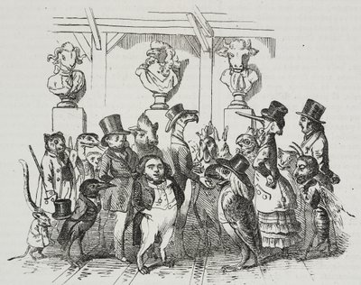 Uscita dal teatro, caricatura di Jean-Jacques Grandville, litografia di Giovanni Mariani da Poliorama Pittoresco, n. 39, 7 maggio da Grandville