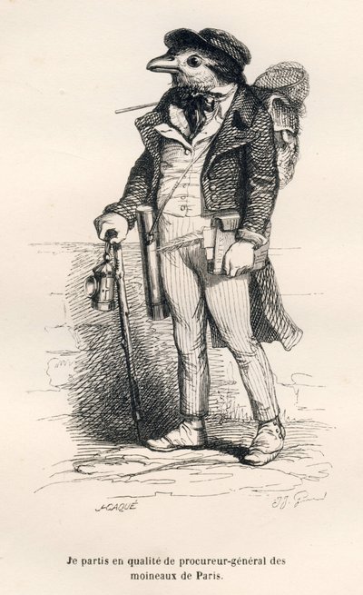 Il procuratore generale dei passeri di Parigi. Vignette illustrate da JJ Granville. Incisione firmata Caque nella parte intitolata "Viaggio di un passero di Parigi" scritto da George Sand in "Scene della vita privata e pubblica degli animali". Parigi, J. H da Grandville