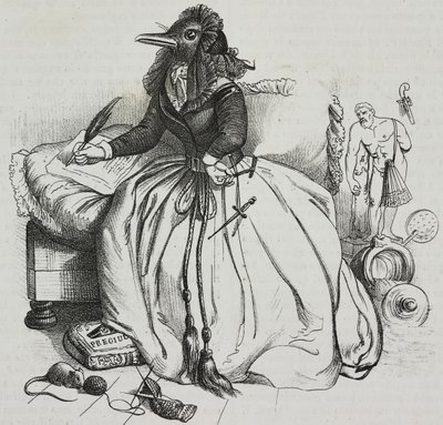 Donna letterata, caricatura di Jean-Jacques Grandville (1803-1847), litografia di Giovanni Mariani da Poliorama Pittoresco, n. 18, 11 dicembre da Grandville