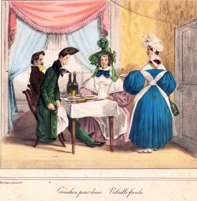 La carta vivente del ristoratore: Sottaceto per due, pollo freddo 1831-32 (litografia) da Grandville