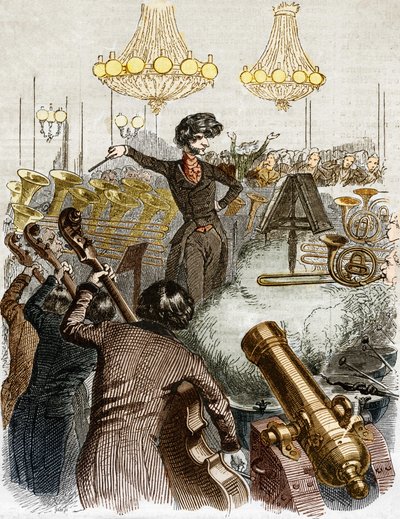 Un concerto ha una mitragliatrice. Caricatura di Hector Berlioz che dirige un