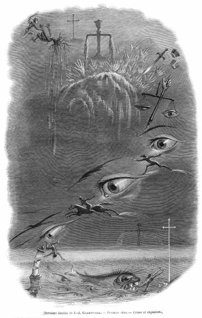 Una scena sognata dal disegnatore Grandville durante un incubo che ha preceduto la sua morte. Georges Bataille scrisse su questa incisione: il criminale sogna di aver appena colpito un uomo in un bosco oscuro. Il sangue umano si è sparso e, seguendo un