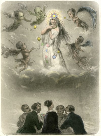 Allegoria di una giovane donna circondata da 4 sospiranti, che si paragona a un pianeta intorno al quale gravitano quattro satelliti, uno dei quali diventerà il suo sole. Incisione di Grandville che illustra un capitolo del libro di Méry: "Le Stelle" da Grandville (1803 47)