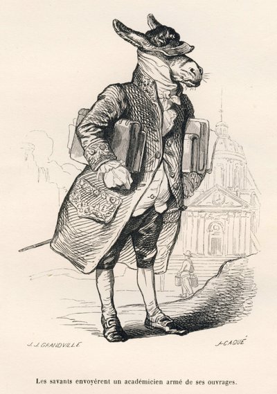 Asino accademico carico di opere. Vignette illustrate da JJ Granville. Incisione firmata Caque nella parte intitolata "Guide-ane a l