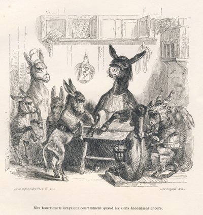 Asini a scuola. Vignette illustrate da JJ Granville. Incisione firmata Caque nella parte intitolata "Guide-ane a l
