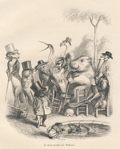 Animali in abiti eleganti che passeggiano alle Tuileries. Vignette illustrate da JJ Granville. Incisione firmata Andrew, Best e Leloir nella parte "Histoire d