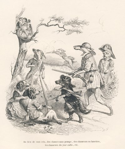 Animali cacciatori. Vignette illustrate da JJ Granville. Incisione firmata Andrew, Best e Leloir nella parte intitolata "Ricordi di una vecchia cornacchia" scritto da PJ Stahl in "Scene della vita privata e pubblica degli animali". Parigi, J. Hetzel et Pau da Grandville